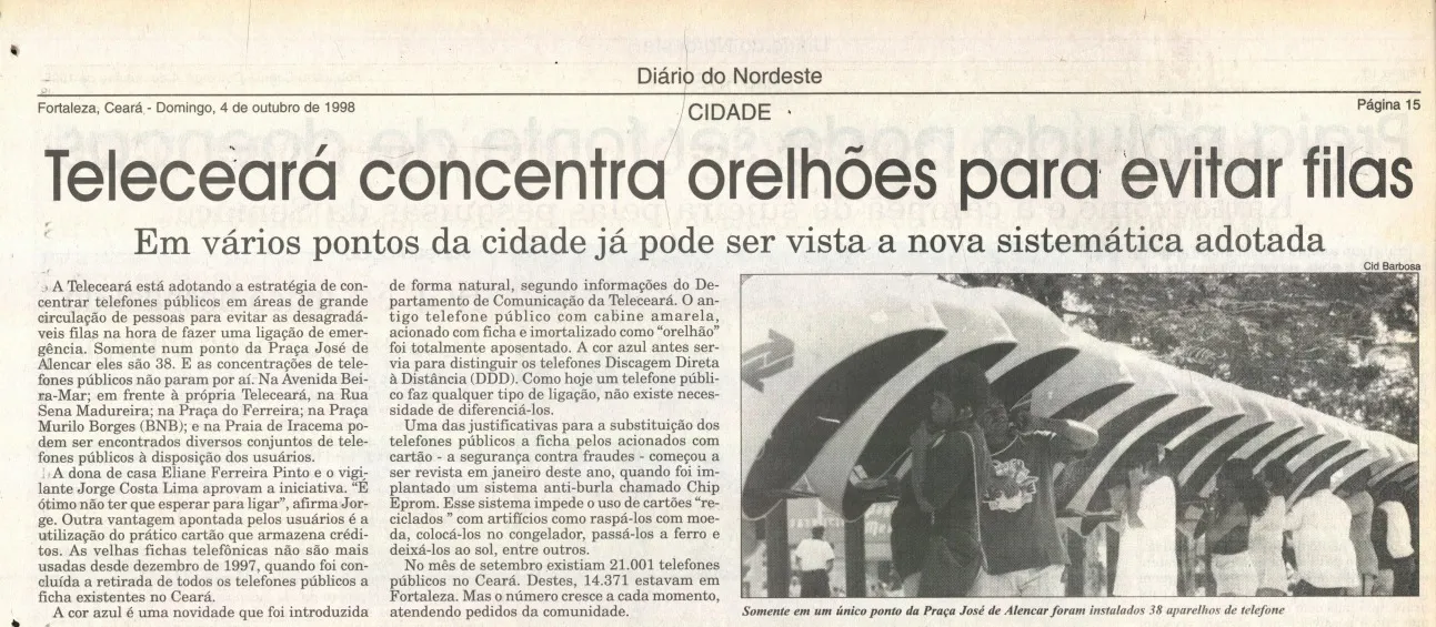 Fac-símile do Diário do Nordeste. Reportagem de 1998 mostrava a quantidade de orelhões em Fortaleza.