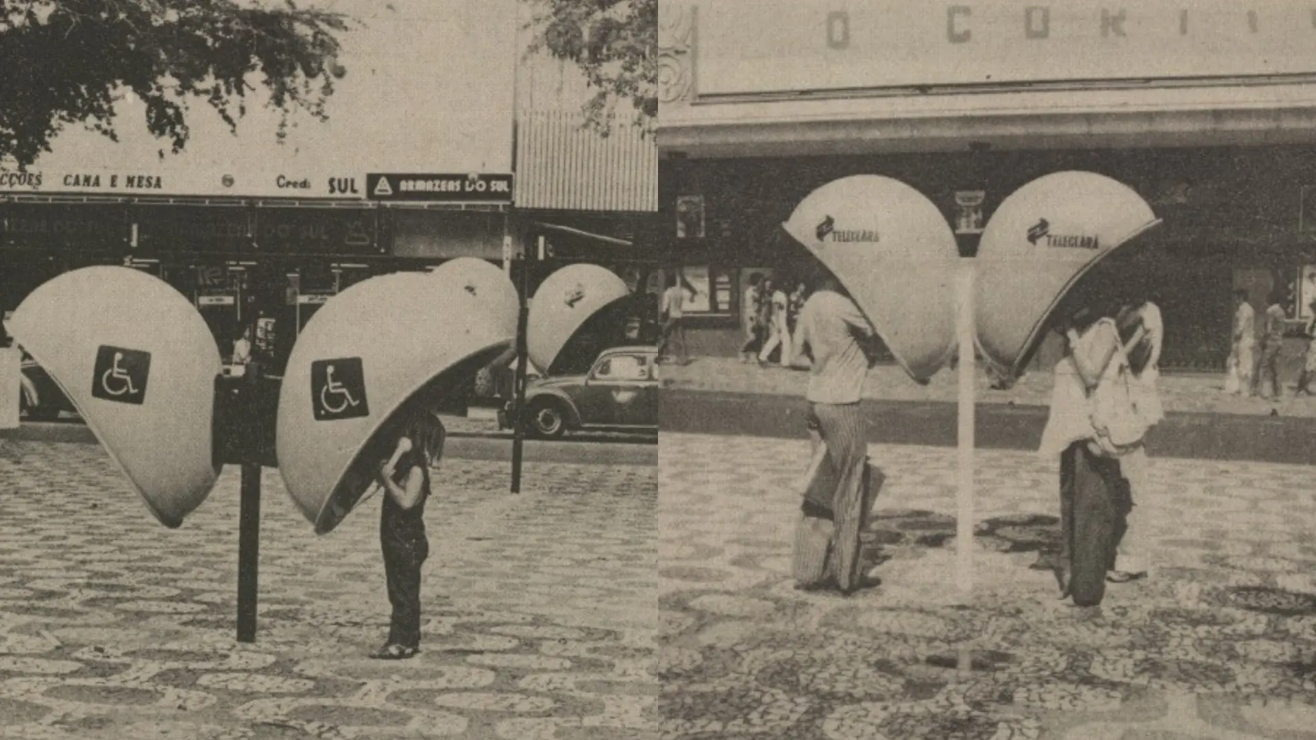 Fotos de arquivo de 1982 mostram orelhões da Teleceará em Fortaleza. Imagens registram pedestres e uma criança usando os aparelhos em calçadas de mosaico português.