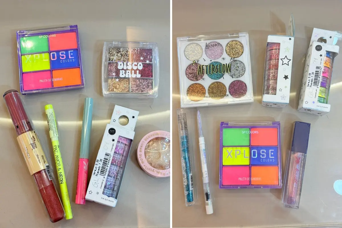 Imagem de itens de maquiagem para matéria sobre produtos para usar no Carnaval 2026.