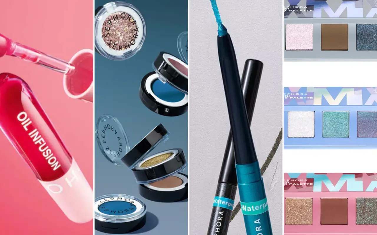 Imagem de gloss, sombra e lápis de olho da Sephora para uma matéria sobre maquiagem no Carnaval 2026.