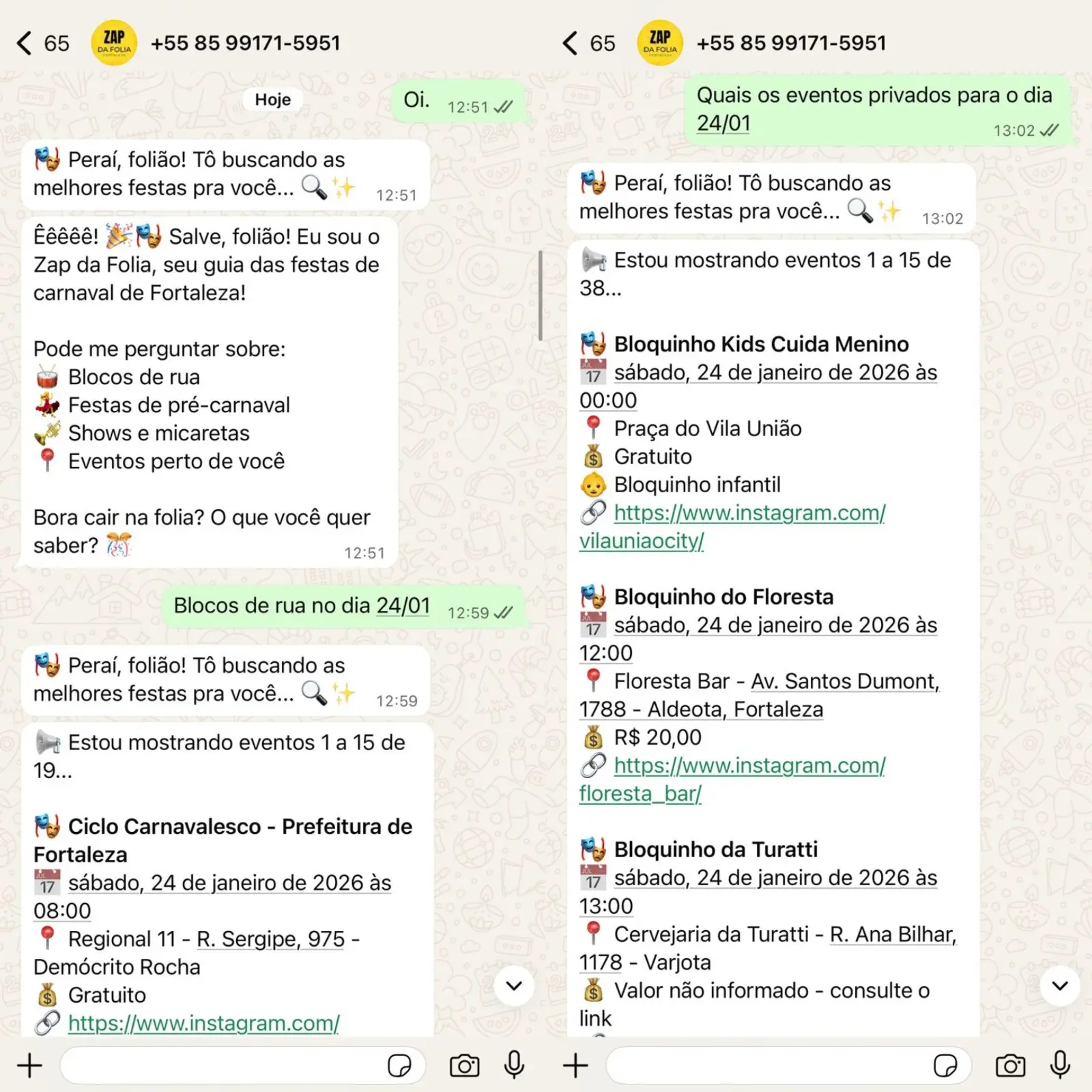 Na imagem, duas capturas de tela lado a lado de uma conversa no WhatsApp com um chatbot chamado 