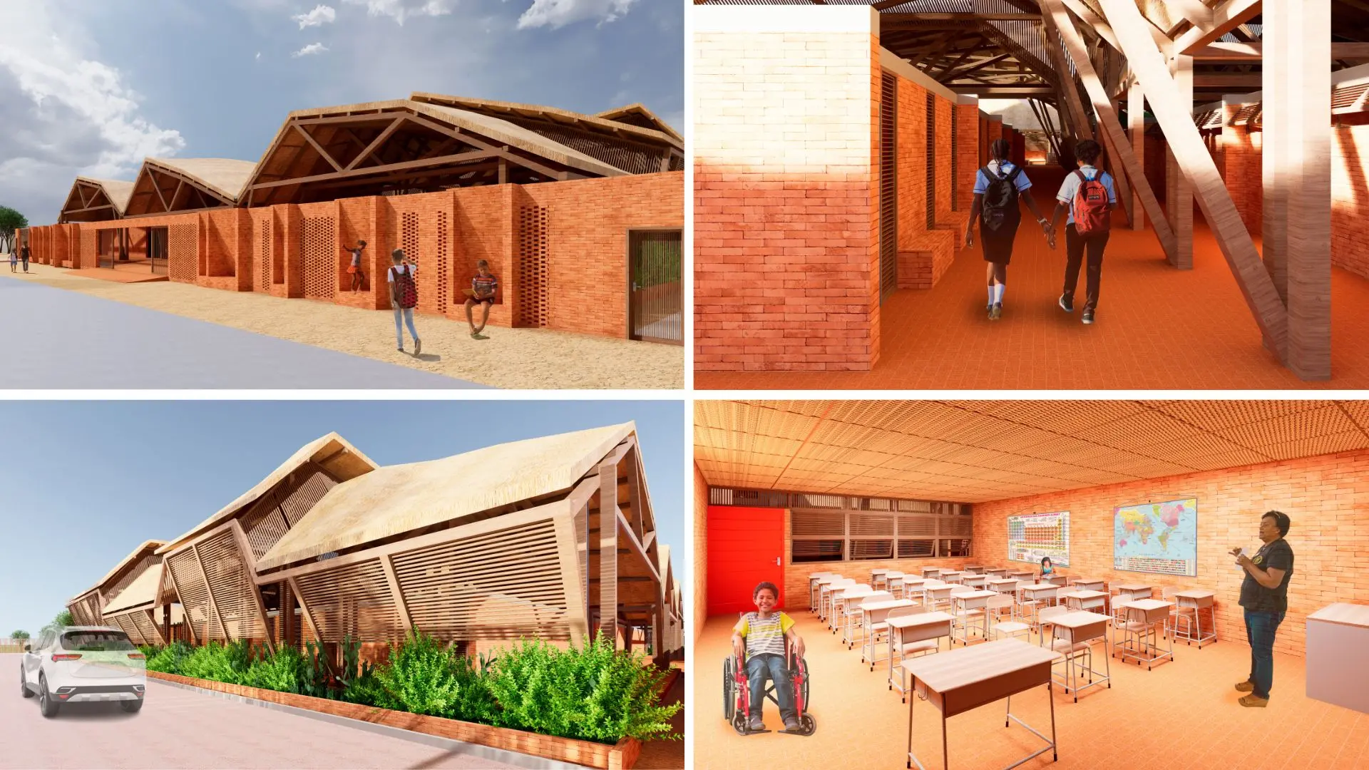 Projetos de arquitetura moderna de escolas com estrutura de vidro e tijolos, incluindo ambientes internos com móveis escolares e alunos em sala de aula.