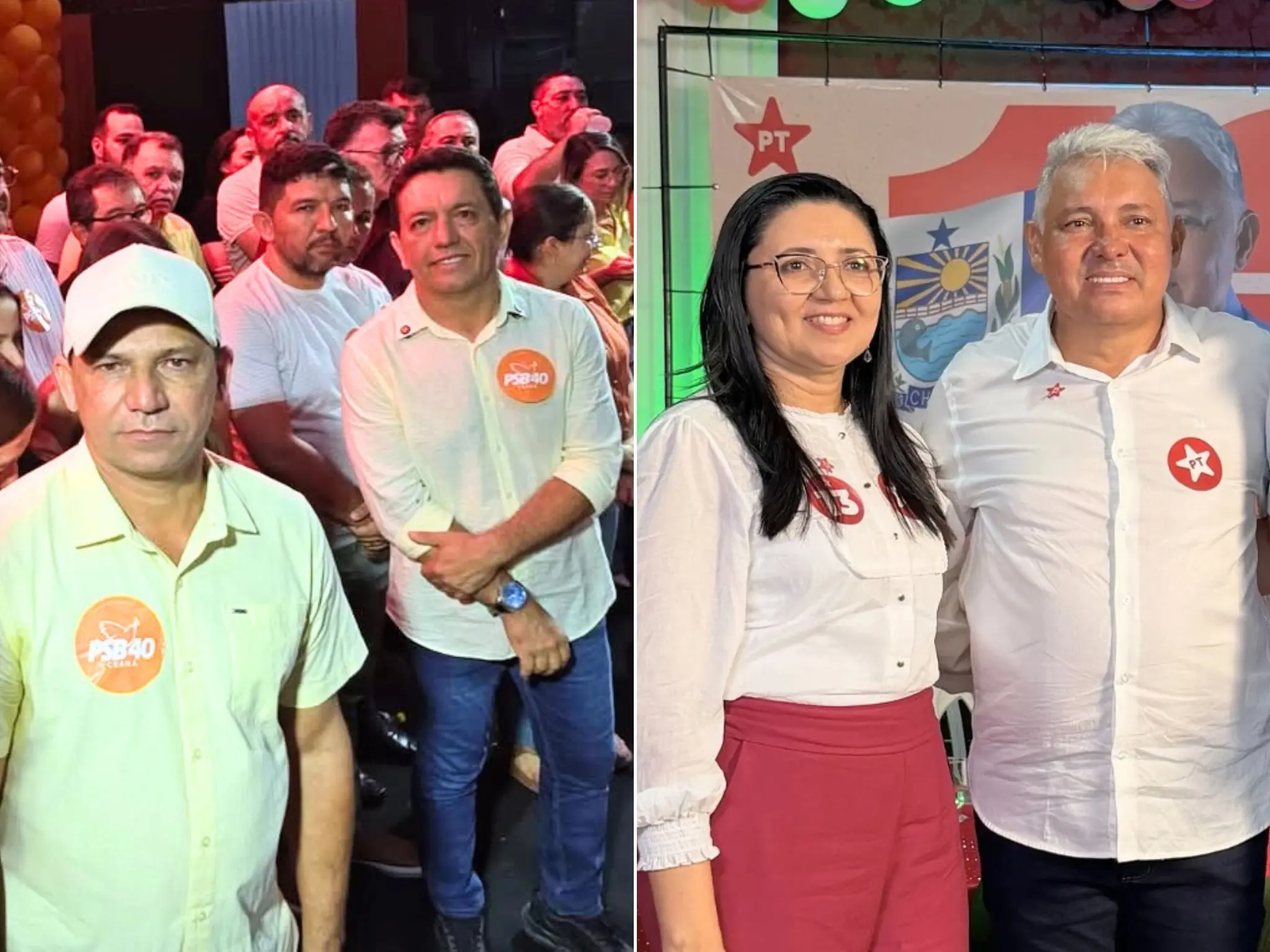 Fotos de Paulinho George (PSB) e Antônio Delmiro (PT) durante convenções partidárias.