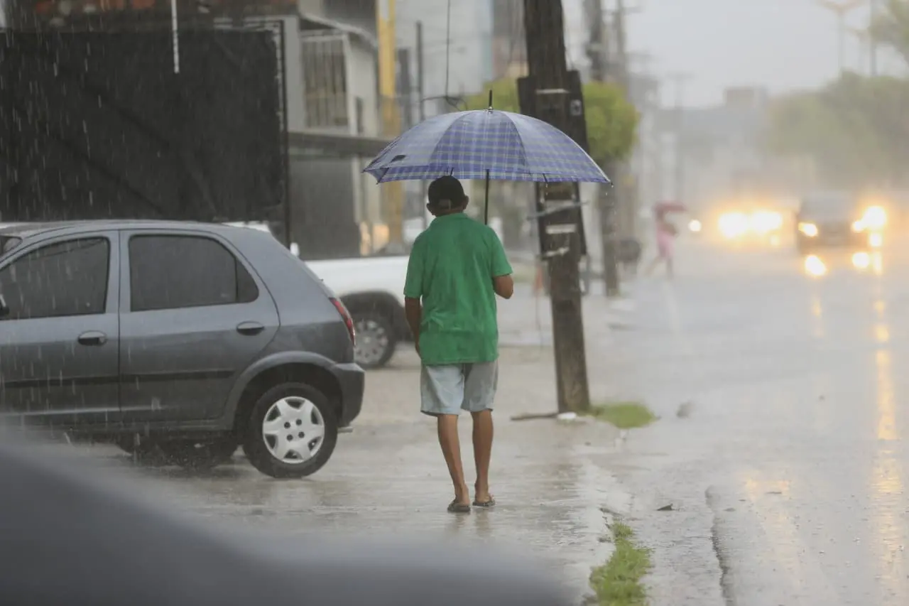 Senhor de costas, com blusa verde e bermuda branca, caminhando com guarda chuva aberto em calçada em um dia de chuva intensa.