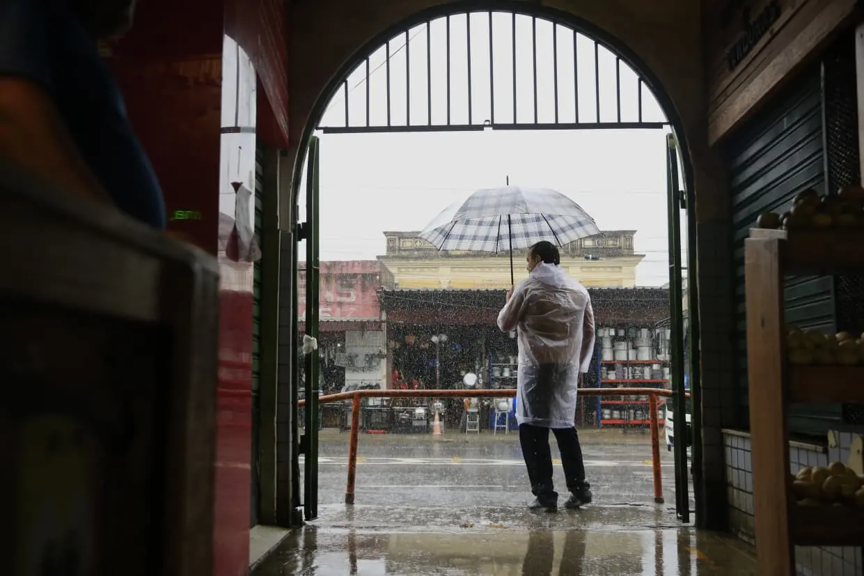 Pessoa de costas com guarda chuva e capa de chuva em dia nublado.