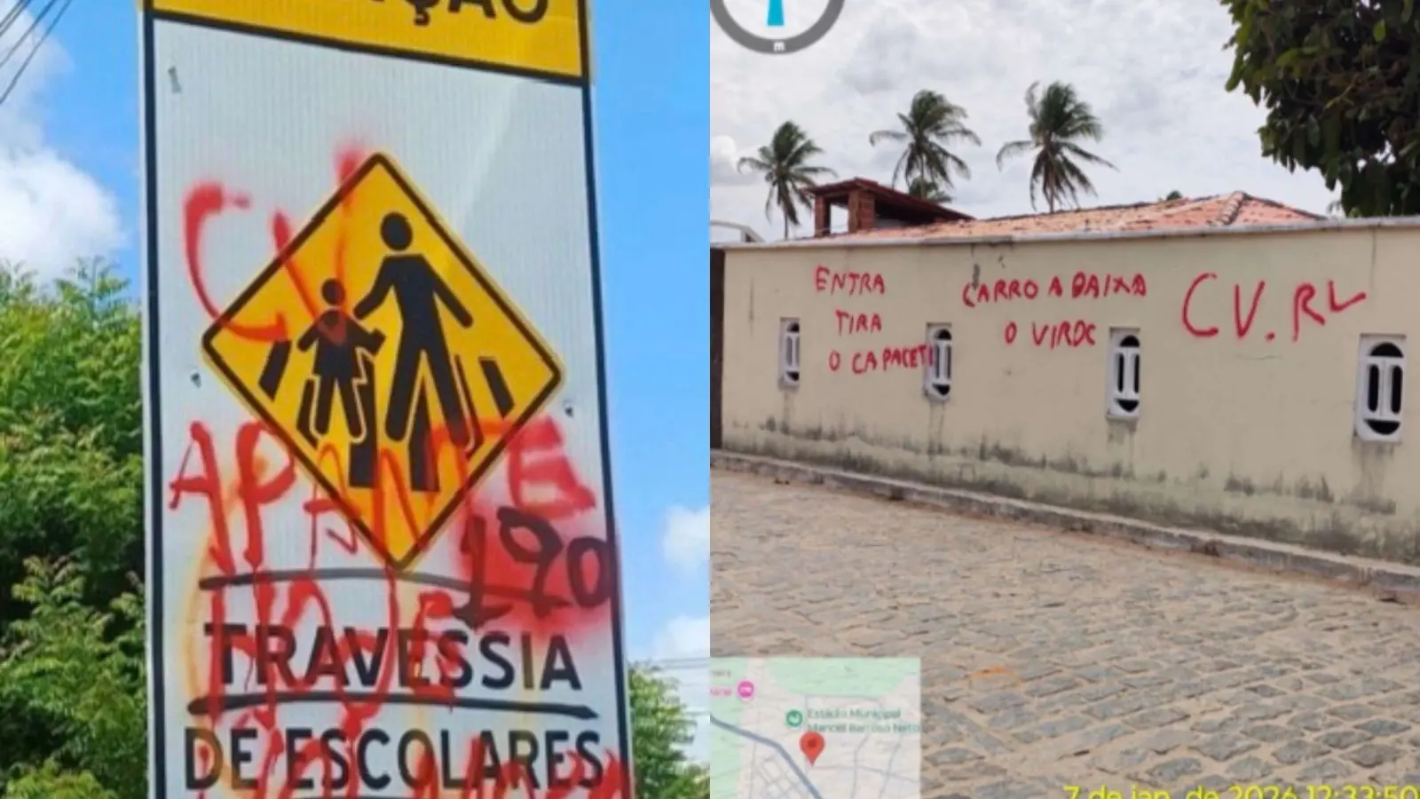 Sinal de trânsito indicando travessia de escolares, com grafite e pichações na parede ao fundo, incluindo árvores e casas. Ambiente urbano ao ar livre.