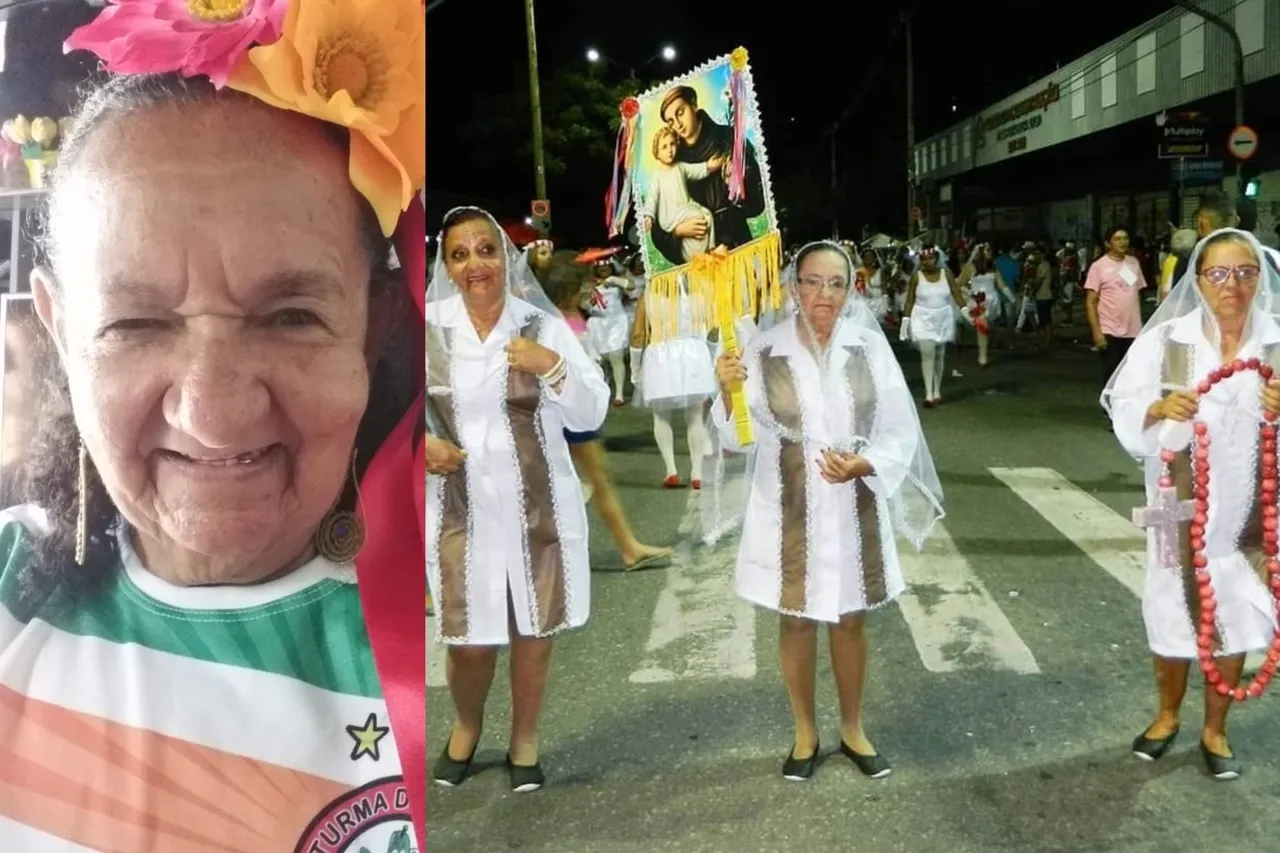 Foliã Zélia Sales, 81 anos, sai no bloco A Turma do Mamão há quase 15 anos. Nas fotos, em registros de Pré-Carnaval de 2019 (à esquerda) e no desfile de Carnaval de 2023.