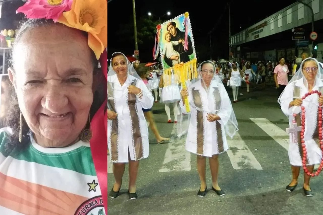 Montagem de fotos da foliã Zélia Sales, 81 anos, no Pré-Carnaval de 2019 (à esquerda) e no desfile de Carnaval de 2023 com A Turma do Mamão.