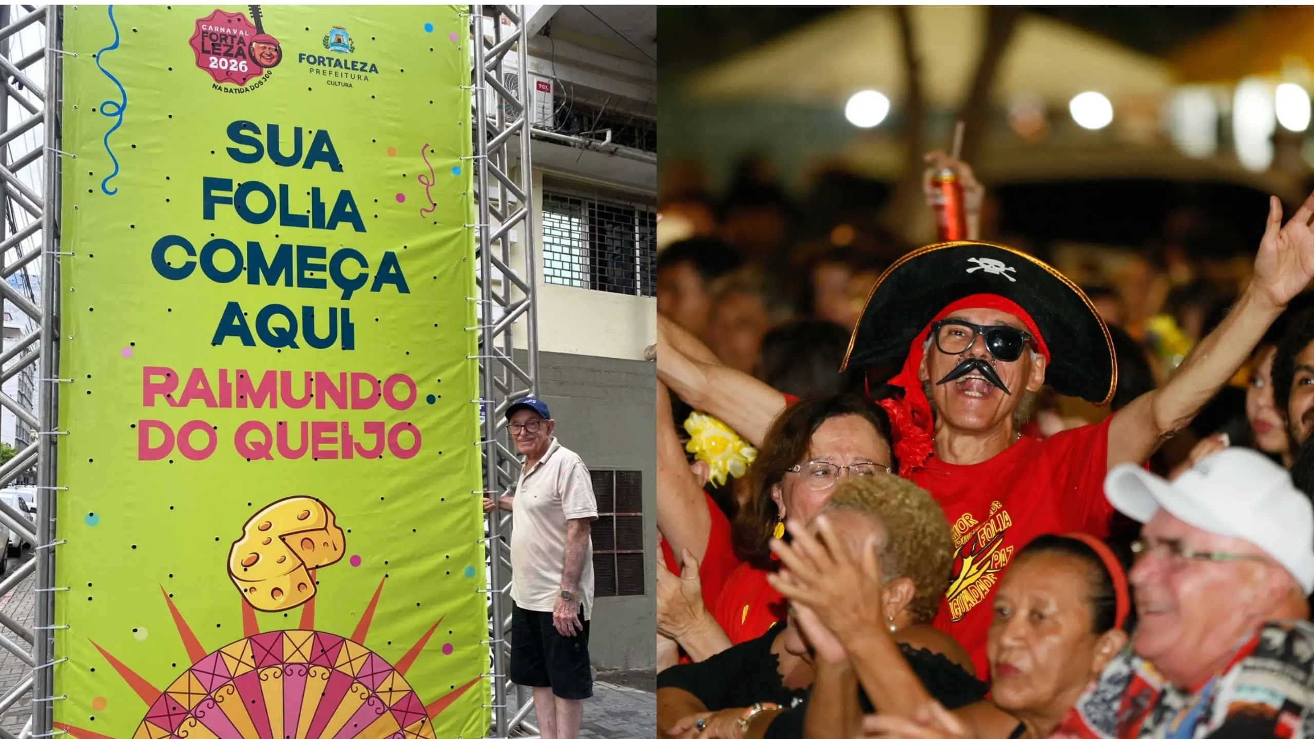 À esquerda, Raimundo do Queijo, uma figura conhecida em Fortaleza. Na imagem da direita, dezenas de pessoas pulando carnaval fantasiados.