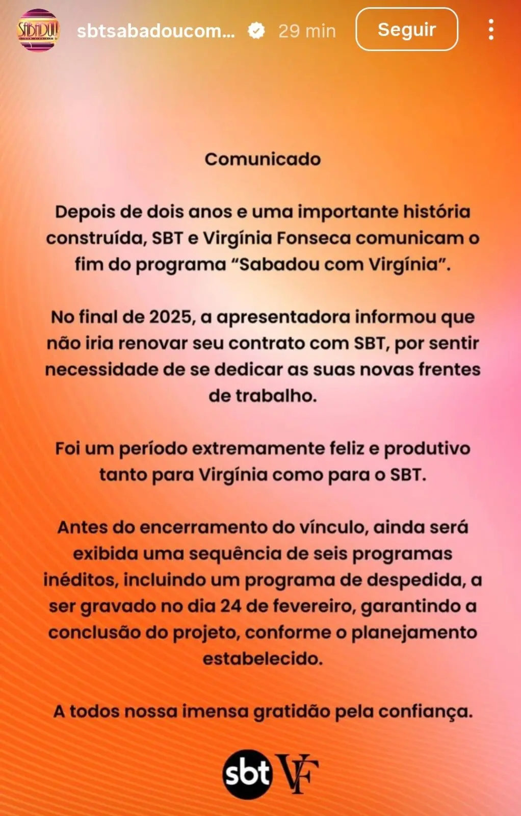 Imagem mostrando o comunidado do encerramento do Sabadou com Virginia.