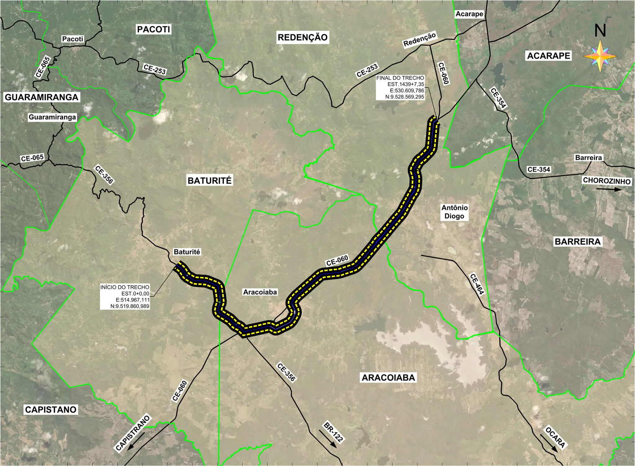 Mapa da duplicação da CE-060 e da CE-356, entre Redenção e Baturité.