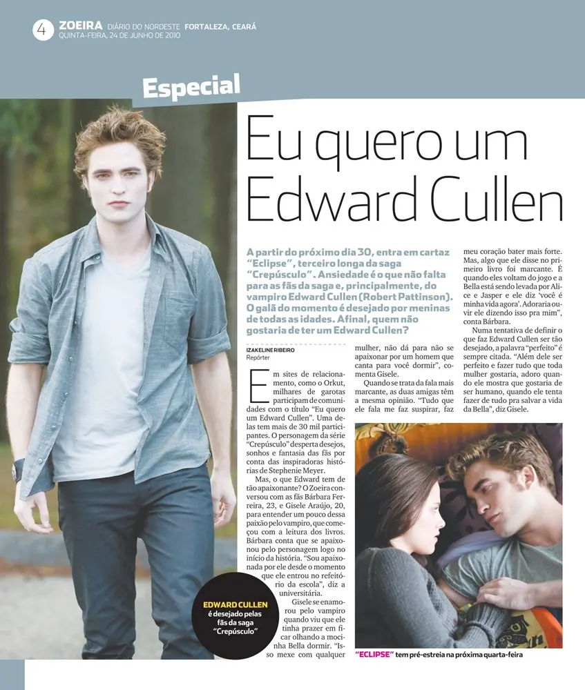 Página de jornal que destaca foto do personagem Edward Cullen, que caminha casualmente em um cenário arborizado. Em destaque, a manchete diz: 'Eu quero um Edward Cullen'. A composição inclui uma cena íntima de Edward e Bella em uma floresta, acompanhada por uma reportagem que detalha a ansiedade das fãs para a estreia do filme 'Eclipse'.