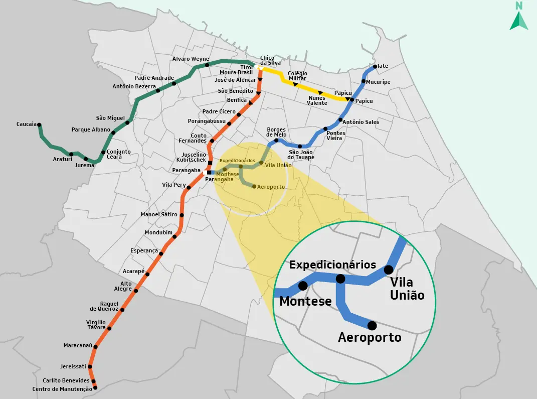 Mapa ilustrado mostra o trajeto da Linha Nordeste do VLT em Fortaleza, destacando as estações de Vila União, Montese, Aeroporto e Expedição, no ramal Aeroporto do VLT de Fortaleza, inaugurado em 6 de fevereiro de 2026.
