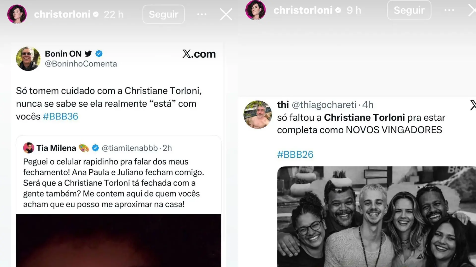 Colagem com storys de Christiane Torloni.
