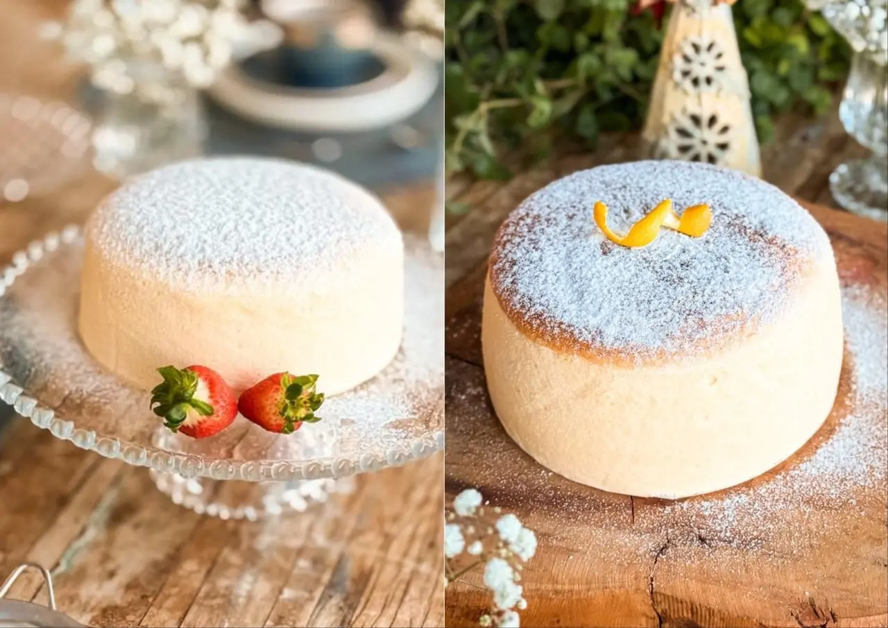 Duas variações de cheesecake japonês, tradicional e de limão siciliano, são apresentadas sobre bases de madeira e vidro com uma cobertura delicada de açúcar de confeiteiro. A primeira unidade é decorada com morangos frescos na lateral, enquanto a segunda exibe raspas de limão no topo, compondo um cenário gastronômico suave e convidativo.