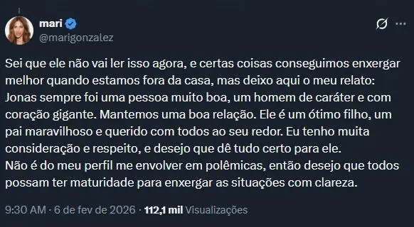 Comentário deixado por Mari González, ex de Jonas, nas redes sociais.