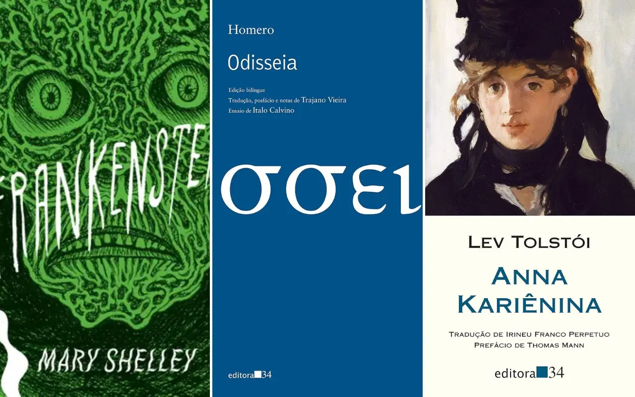 Imagem de livros clássicos que tiveram adaptação para o cinema, como Frankenstein, Odisseia e Anna Kariênina.
