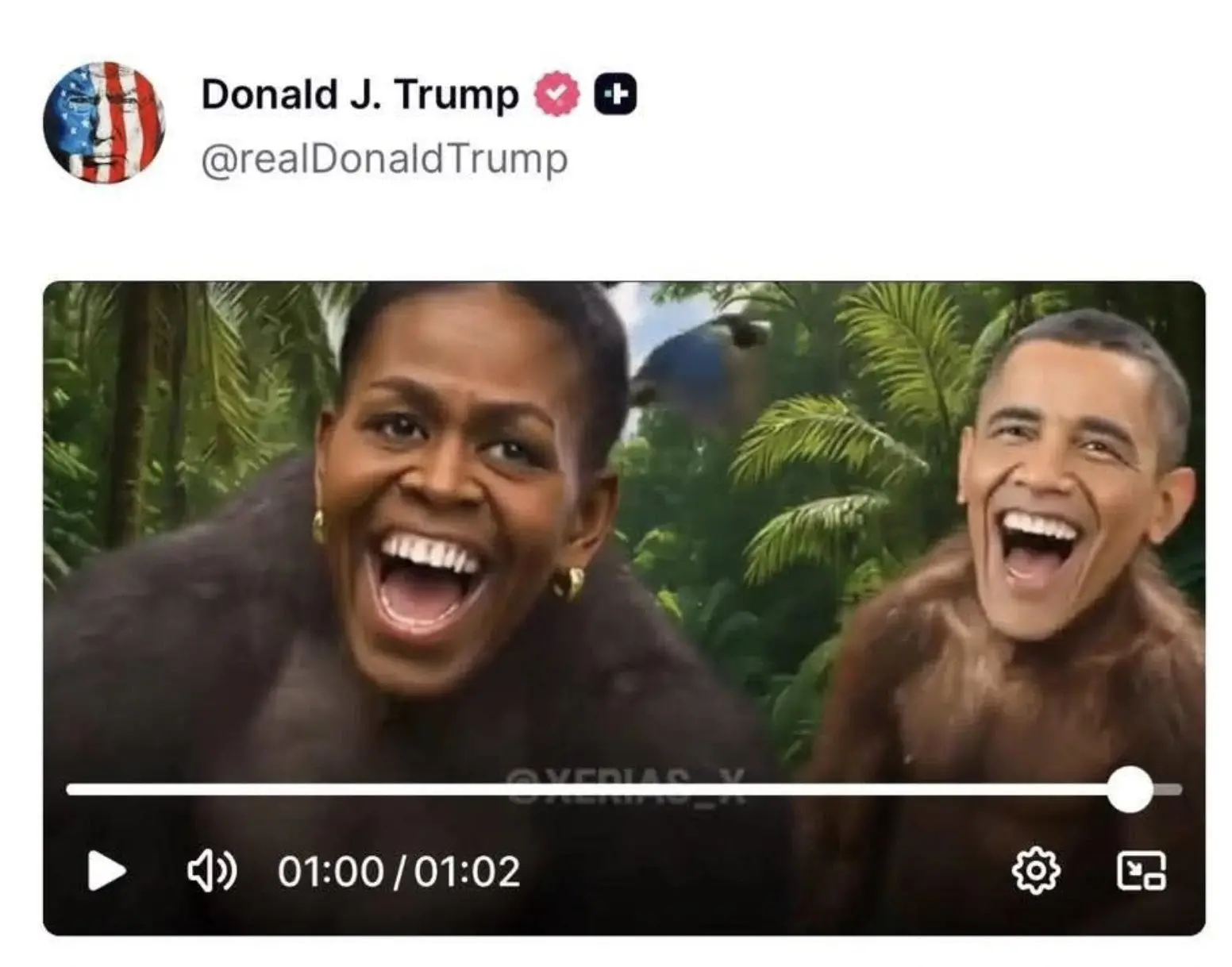 Print da publicação. Imagem usada em matéria sobre presidente norte-americano publicar vídeo racista retratando o casal Obama como macacos.