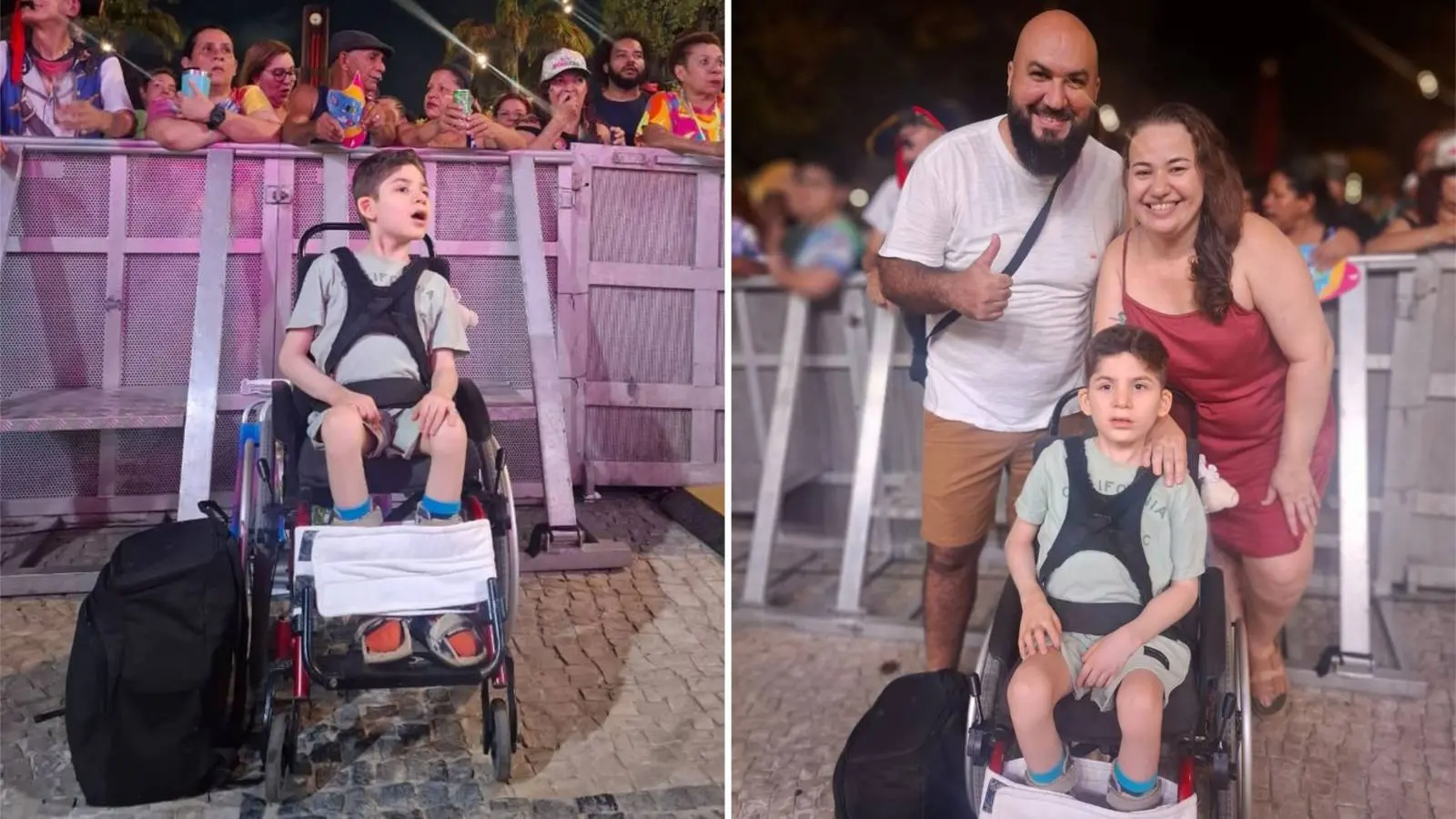 Sequência de duas imagens mostra, à esquerda, Allan, menino de 11 anos com autismo e síndrome de Pitt-Hopkins em cadeira de rodas durante um show, e, à direita, o garoto aparece acompanhado da mãe e do pai no mesmo local.