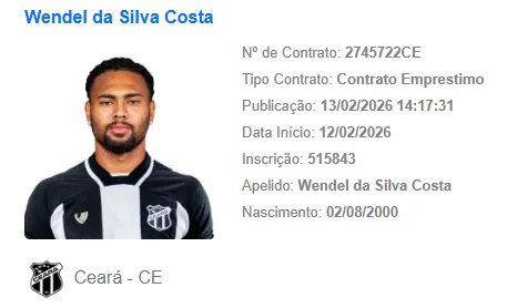 Wendel Silva já consta no no BID e pode estrear pelo Ceará