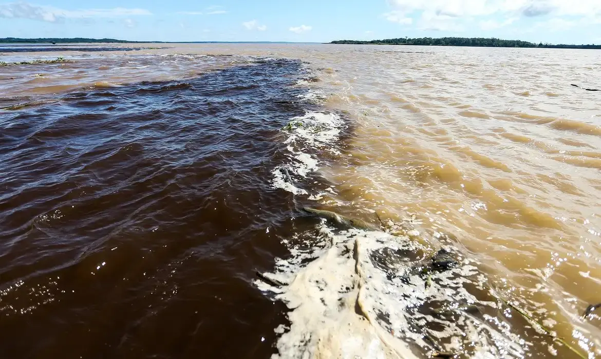 Encontro de dois rios com águas de cores distintas — uma escura e outra barrenta — correndo lado a lado sem se misturar, sob céu aberto e com vegetação ao fundo.