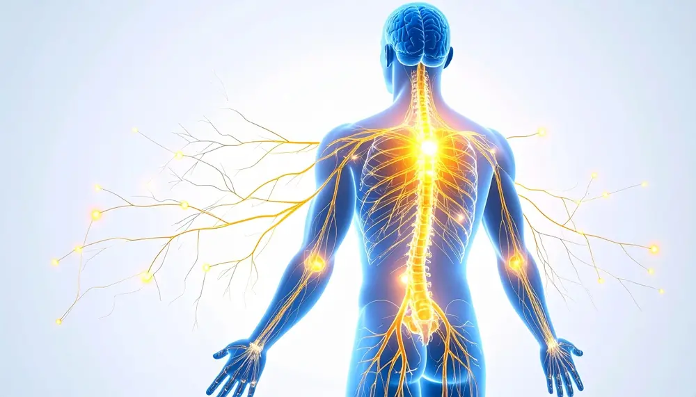Imagem ilustrativa do sistema nervoso humano destacando o cérebro, a coluna vertebral e os nervos periféricos, representando a importância do sistema nervoso para o funcionamento do corpo.