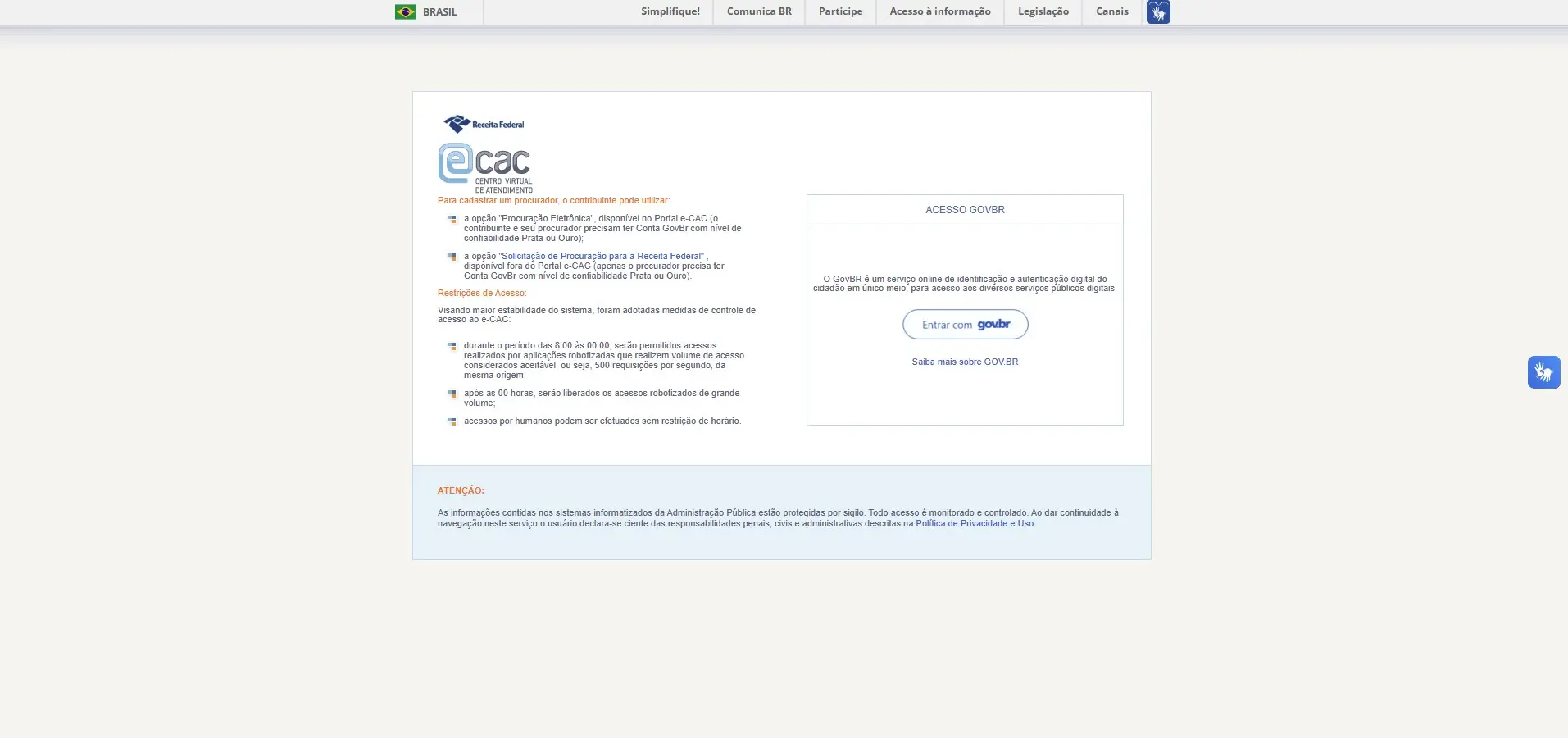 Tela de login do e-CAC com acesso pelo Gov.br.