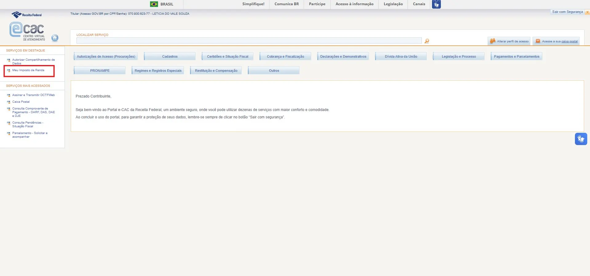 Captura de tela do portal e-CAC da Receita Federal mostrando as etapas para consultar o Imposto de Renda. A imagem destaca a opção “Meu Imposto de Renda” no menu lateral.