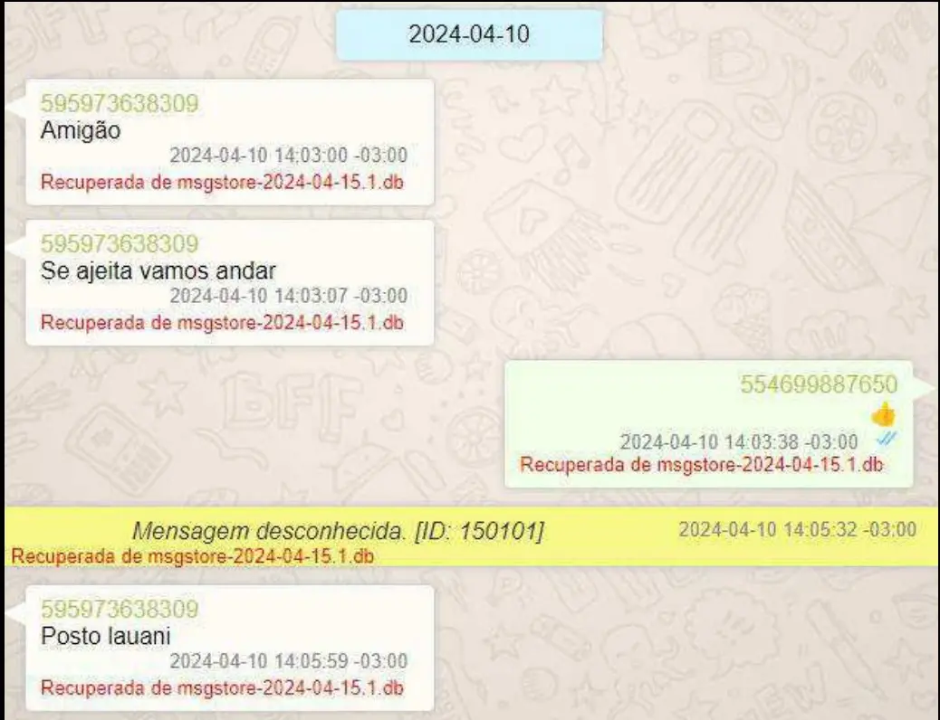 Captura de tela de conversa de WhatsApp datada de 2024‑04‑10. Contém mensagens recuperadas do celular de um acusado de tráfico de drogas. Um contato com número começando em +595 envia mensagens: 'Amigão' às 14:03:00, 'Se ajeita vamos andar' às 14:03:07 e 'Posto lauani' às 14:05:59. Outro número, iniciando com +55469, envia uma mensagem às 14:03:38. Há também uma linha amarela informando 'Mensagem desconhecida. [ID: 150101]' registrada às 14:05:32.
