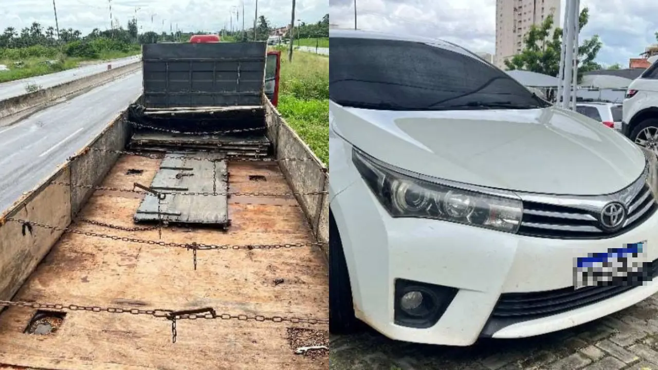 Carroceria vazia de caminhão com piso de madeira e correntes metálicas ao lado da imagem frontal de um carro branco estacionado em área externa. O caminhão transportava drogas e o carro fazia a escolta do caminhão.