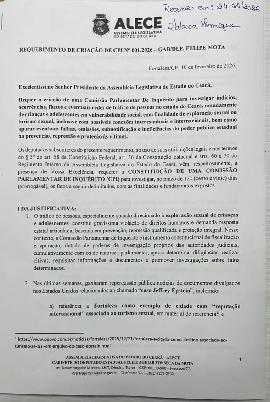 Requerimento pela CPI do Tráfico Humano na Alece.