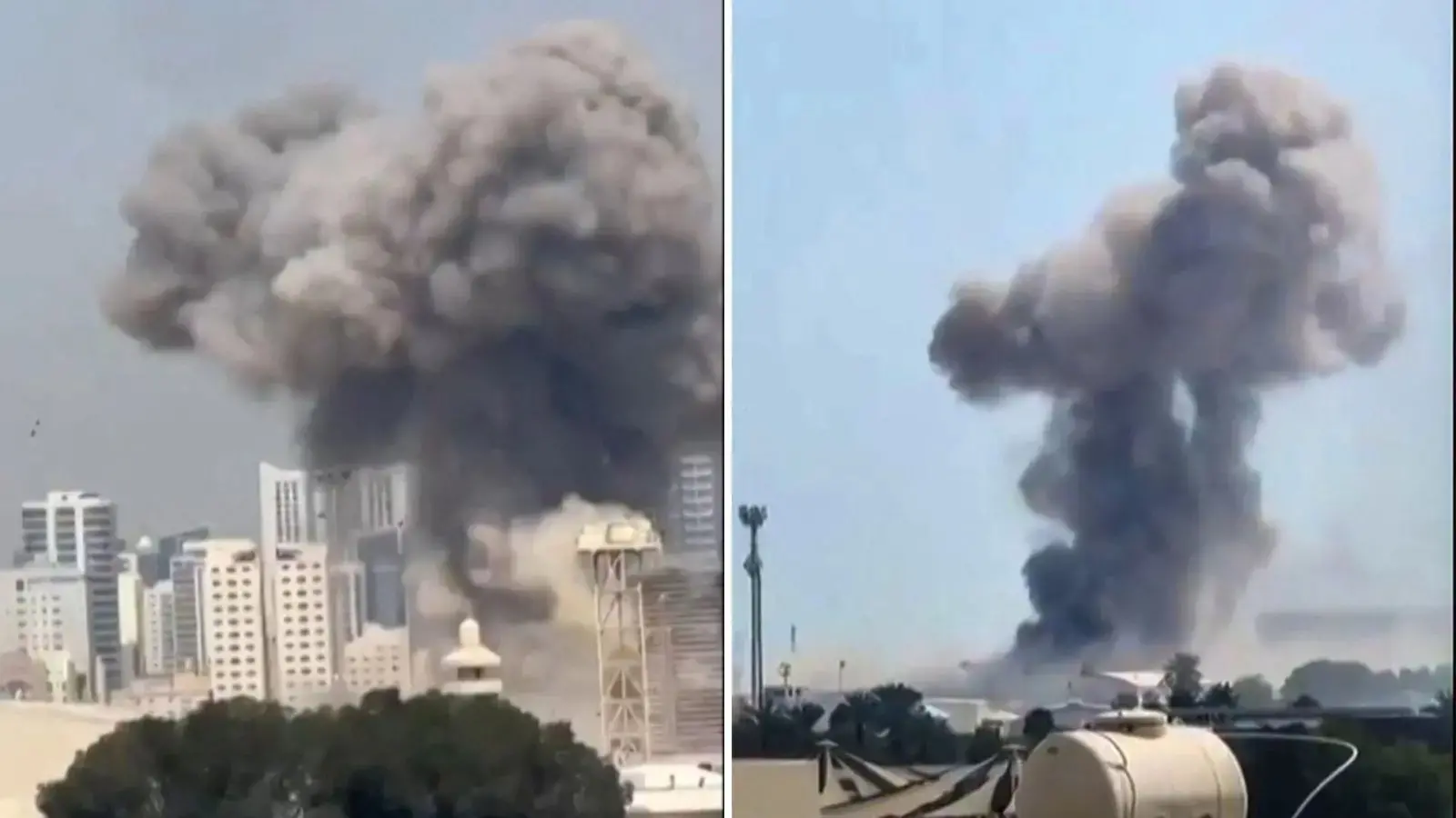 Na imagem, fotografia composta por duas fotografias lado a lado mostrando grandes explosões em áreas urbanas. À esquerda, uma densa coluna de fumaça cinza escura e marrom sobe alto no céu, originando-se de trás de prédios claros em uma cidade. À direita, outra nuvem de fumaça em formato de cogumelo se eleva sobre o que parece ser uma zona industrial ou portuária, com um tanque cilíndrico em primeiro plano. O céu em ambas as fotos está claro e levemente pálido.