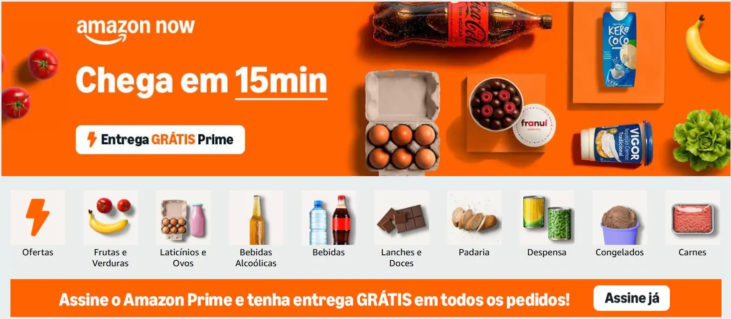 Foto do site do Amazon Now, serviço de entregas rápidas para produtos de mercearia da Amazon.