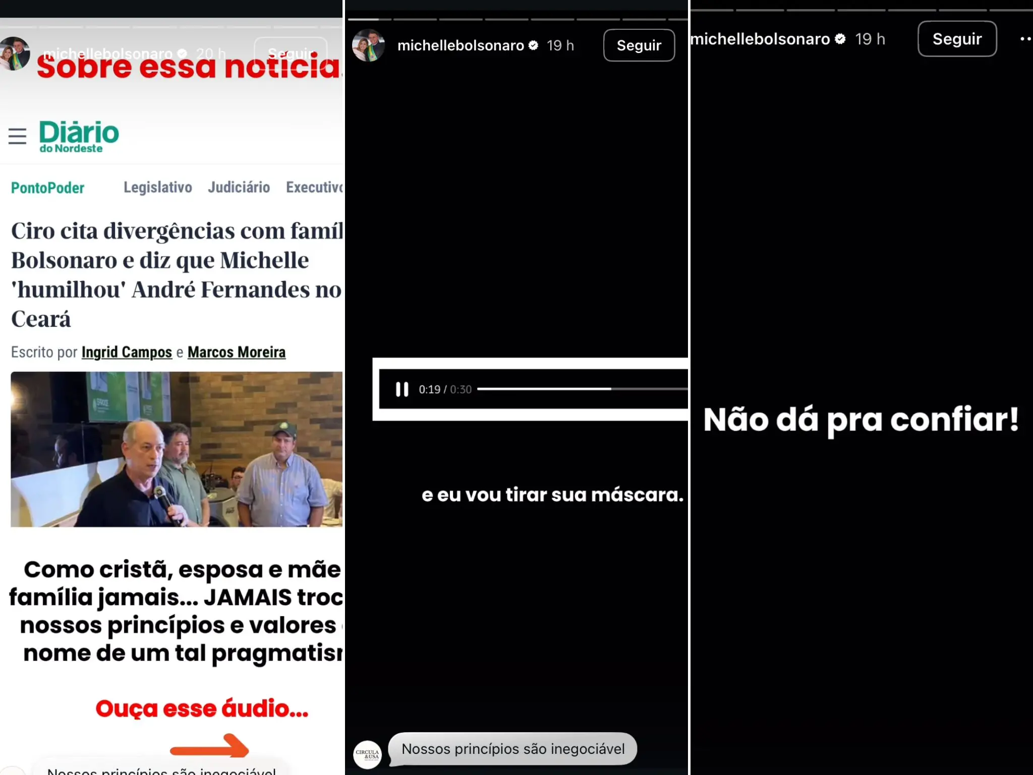 Prins do story publicado pelo perfil da Michelle Bolsonaro rebatendo críticas de Ciro Gomes.