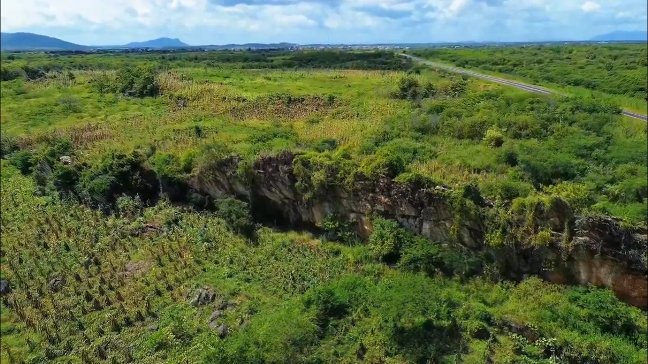 Uma imagem aérea revela um extenso paredão rochoso que atravessa uma paisagem rural verdejante, cercada por áreas de cultivo e mata densa. A formação de pedra, onde se localiza o sítio arqueológico, estende-se horizontalmente pelo centro da cena, ladeada por uma estrada asfaltada que corta a vegetação ao fundo. O cenário é iluminado pela luz do dia sob um céu com nuvens esparsas, destacando a integração entre o patrimônio histórico e a natureza local.