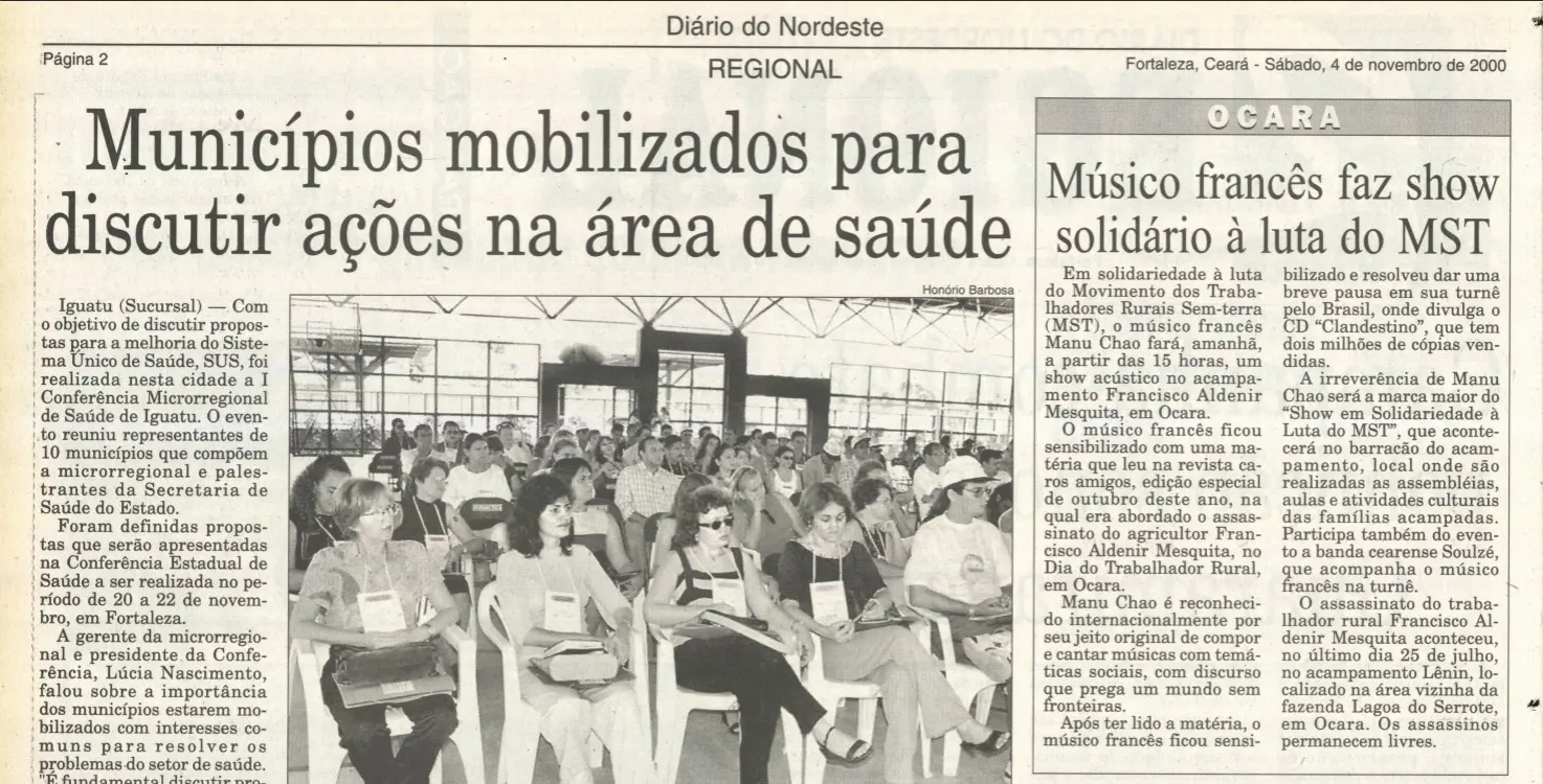 Recorte do jornal Diário do Nordeste de 4 de novembro de 2000 apresenta uma matéria lateral sobre um show solidário de Manu Chao ao MST.