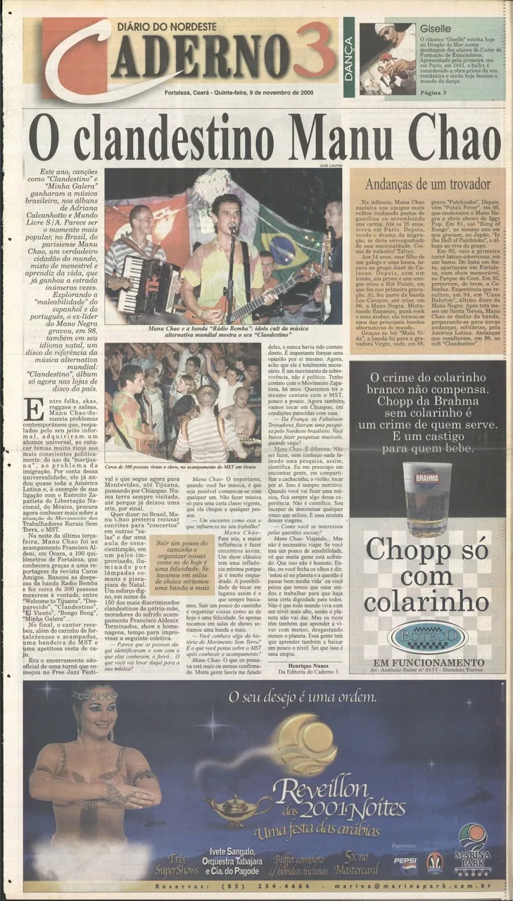 Capa do Caderno 3, dedicado à cultura, destacou a presença do cantor francês Manu Chao em 2000.