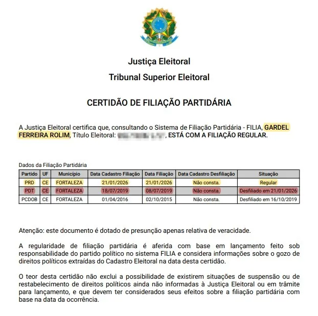 Justiça Eleitoral atesta a troca de partido feita por Gardel Rolim.