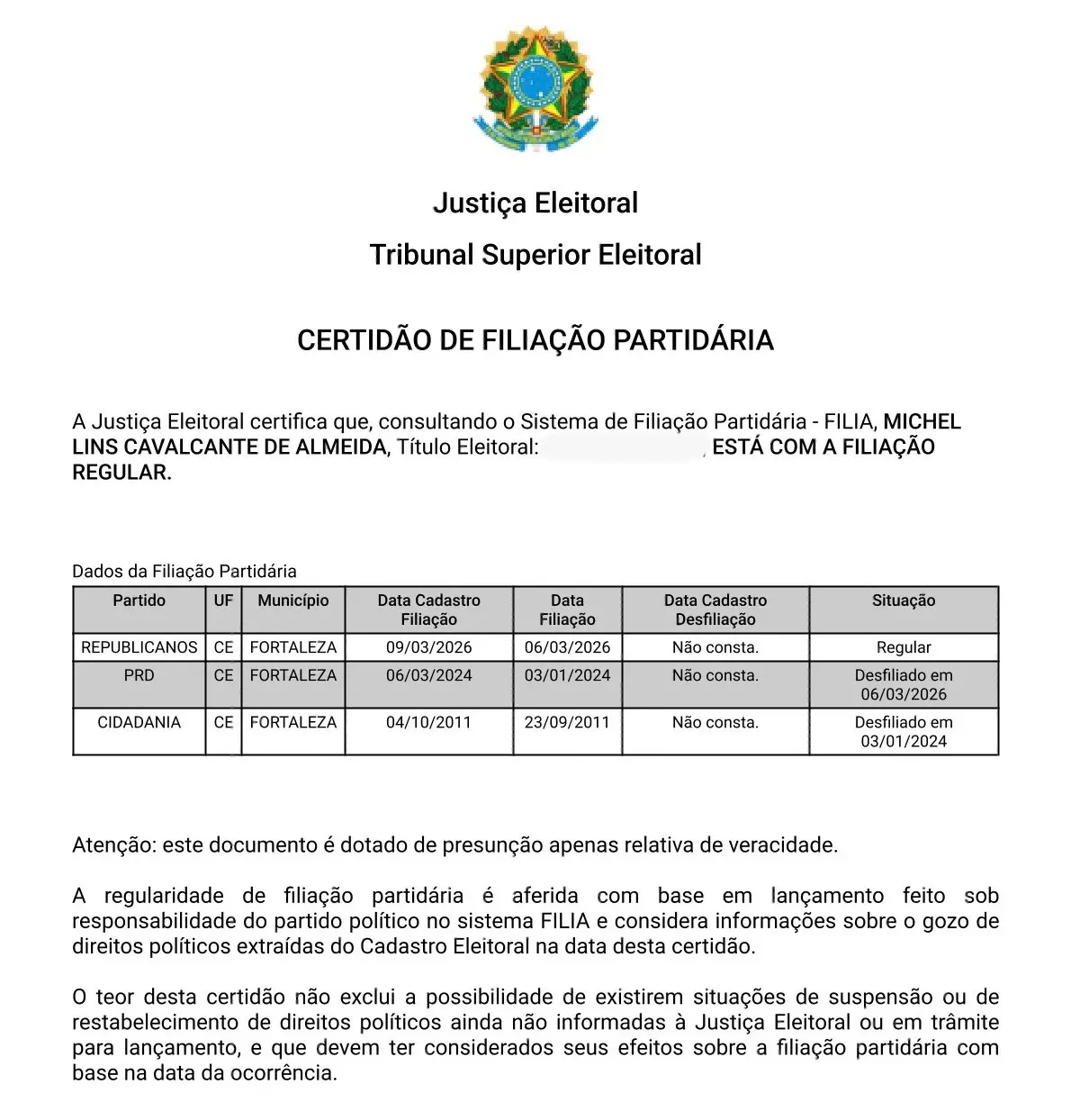 Printscreen da certidão de filiação de Michel Lins.