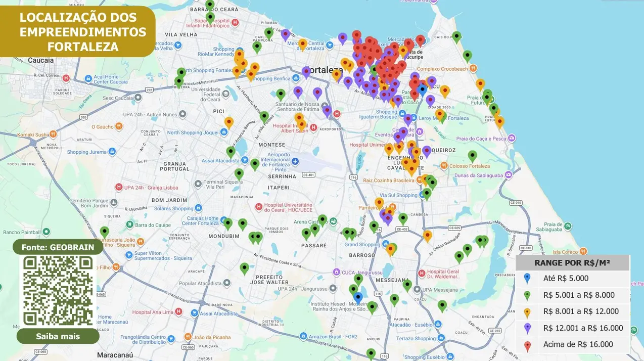 Mapa de Fortaleza com diversos marcadores coloridos indicando a localização de empreendimentos imobiliários pela cidade. A imagem traz uma legenda com faixas de preço por metro quadrado e um destaque para as áreas com valores mais altos.