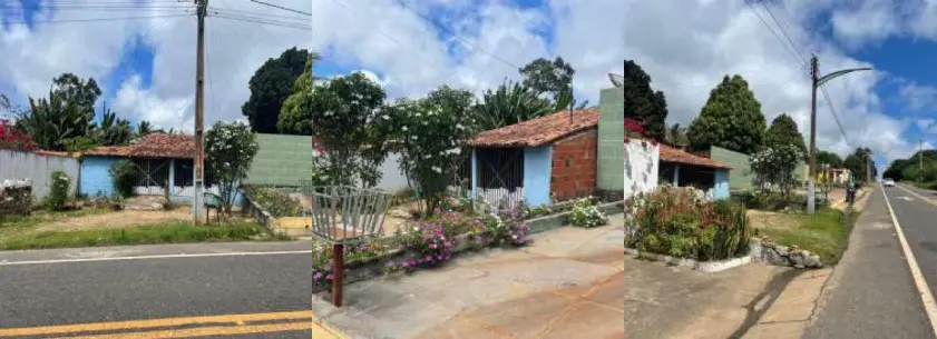 Montagem com três fotos, uma ao lado da outra, mostrando a fachada do antigo posto fiscal da Sefaz e o entorno.