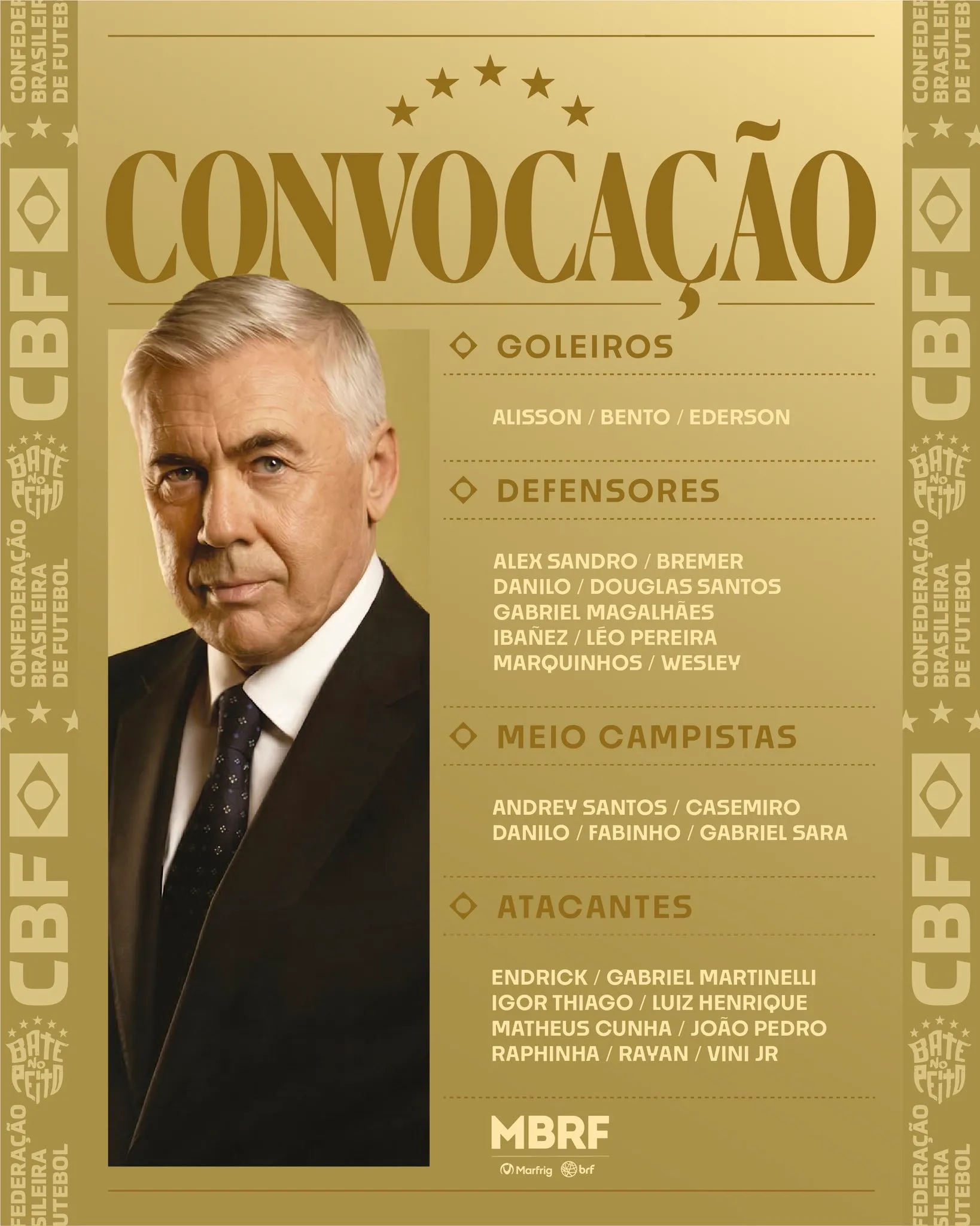 Carlo Ancelotti convocou 25 jogadores para os amistosos da Seleção Brasileira