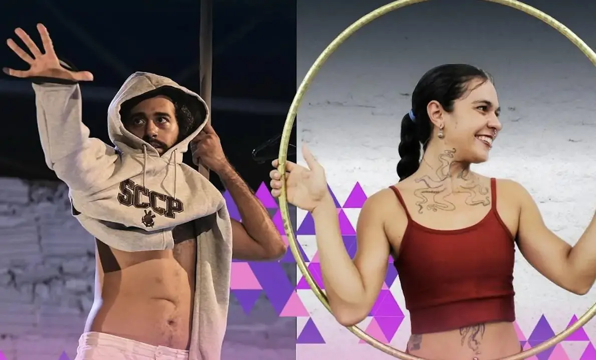 Um homem de moletom com capuz assume uma pose dinâmica, enquanto uma mulher sorridente segura um bambolê, ambos em um fundo geométrico. Vibração energética e criativa.