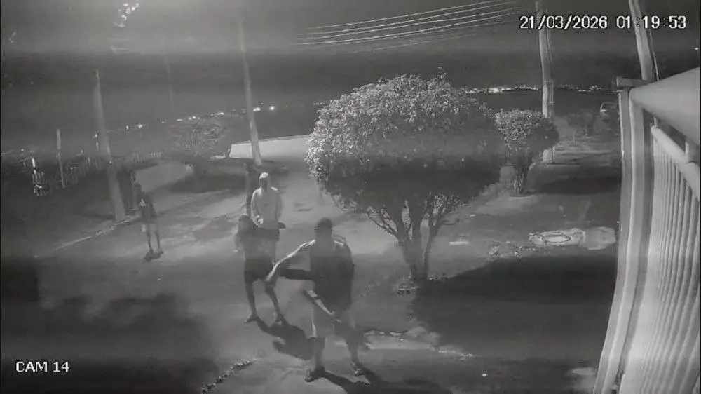 Imagens de uma câmera de segurança mostram homens armados com paus cercando a capivara para atacá-la.