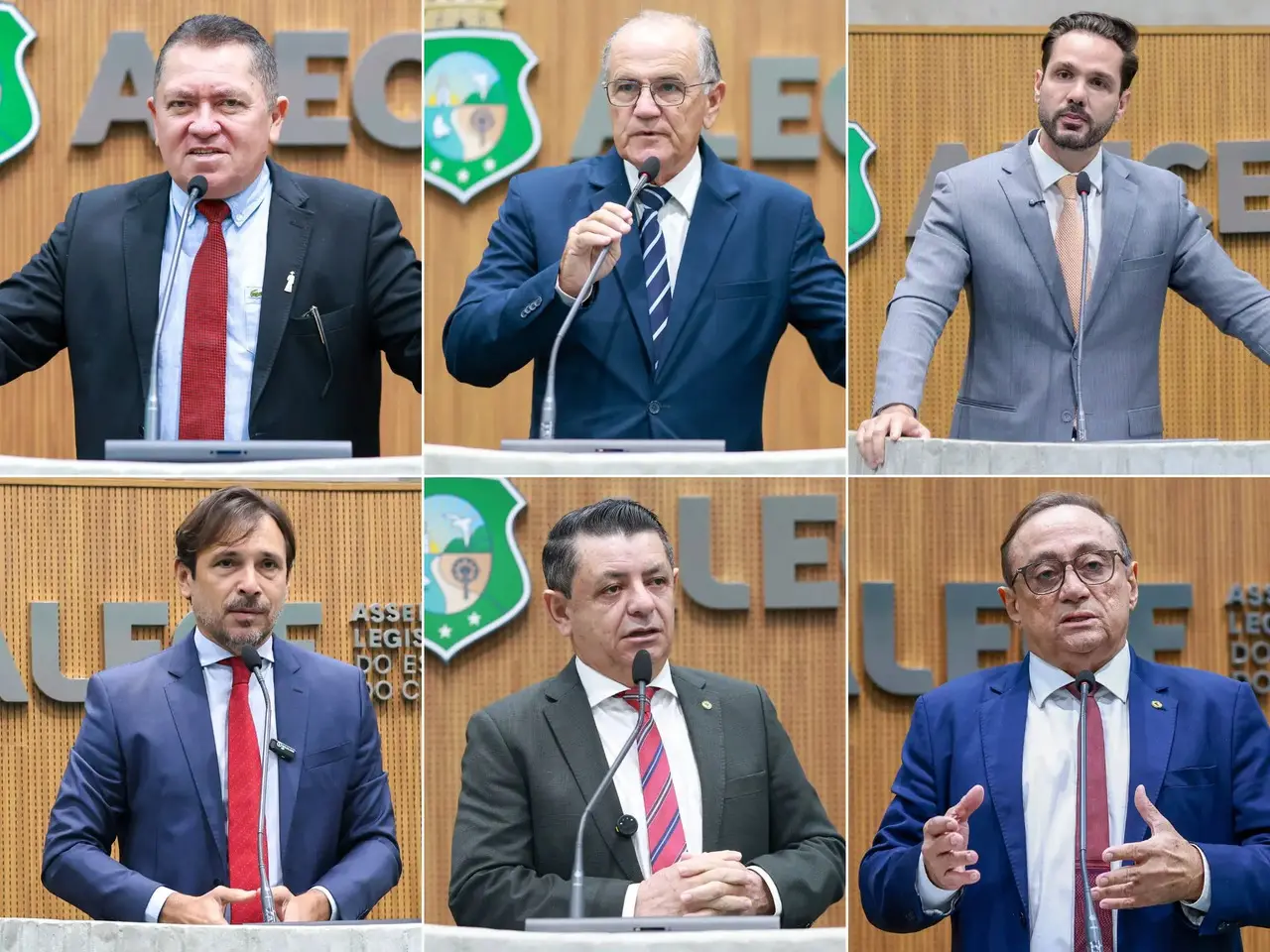 Fotos dos deputados estaduais Almir Bié (PP), Antônio Granja (PSB), Guilherme Bismarck (PSB), Guilherme Sampaio (PT), Nizo Costa (PT) e Tin Gomes (PSB) durante discurso na tribuna do Plenário 13 de Maio da Alece.