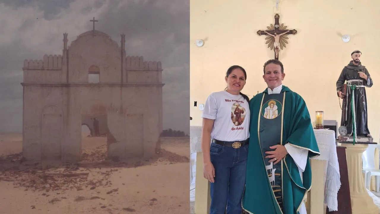 A antiga igreja soterrada e a imagem resgatada atualmente exposta na Igreja de São Francisco de Assis, na nova Tatajuba.