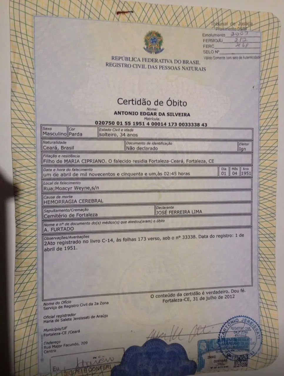 O pesquisador Pedro Mapurunga achou o atestado de óbito que apontou a causa da morte de Mitotônio: hemorragia cerebral