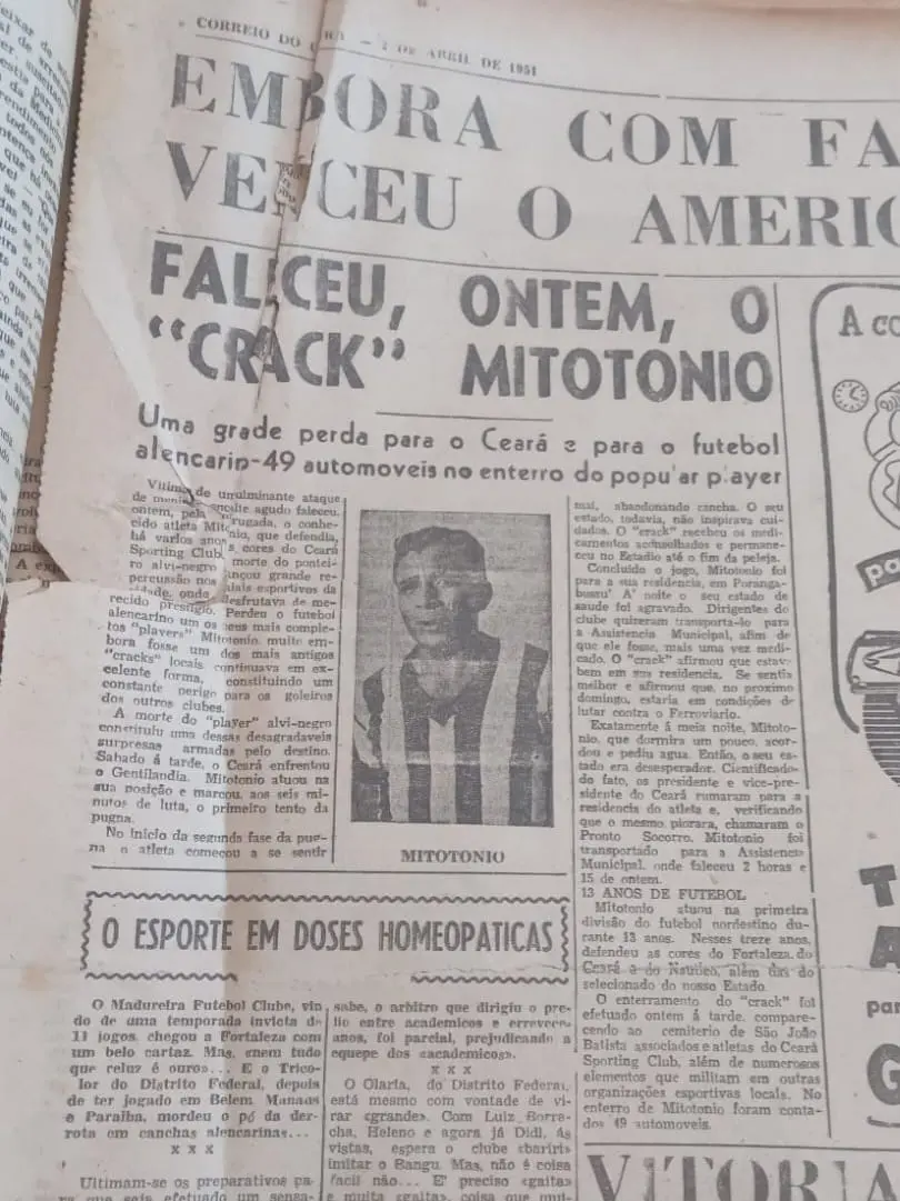 A morte de Mitotônio causou comoção em Fortaleza, conforme noticiou o extinto jornal Correio do Ceará