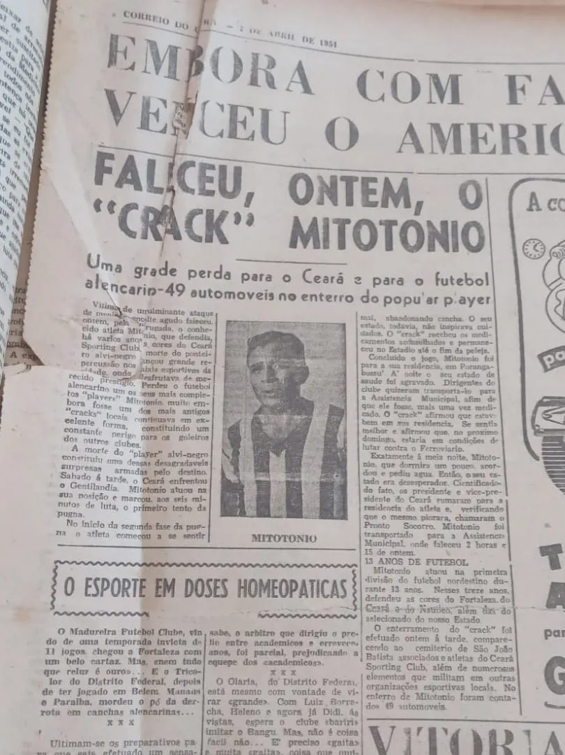 A morte de Mitotônio causou comoção em Fortaleza, conforme noticiou o extinto jornal Correio do Ceará
