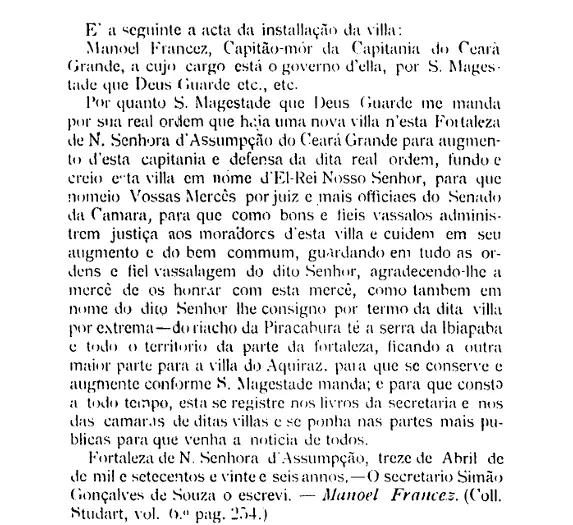 Documento histórico em português, com tipografia antiga, registra a ata de instalação de uma vila no Ceará, mencionando autoridades coloniais e datado de abril de 1726.